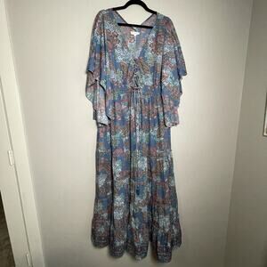 Anthropologie Boemo Maxi Dress Sz XL Paisley Smocked Tiered Kimono Sleeves Boho